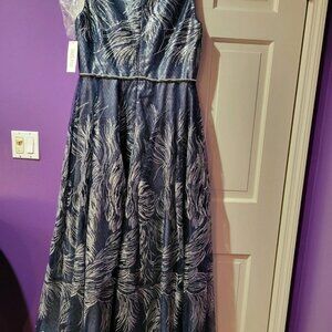 Rene Ruiz Collection Women's Jacquard Fit-&-Flare Gown Navy and Silver 14BRand N